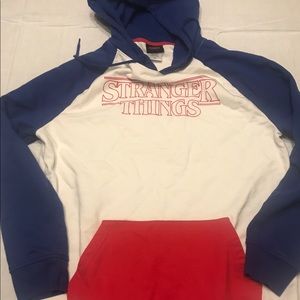 Stranger Things; red, white, blue, pullover.